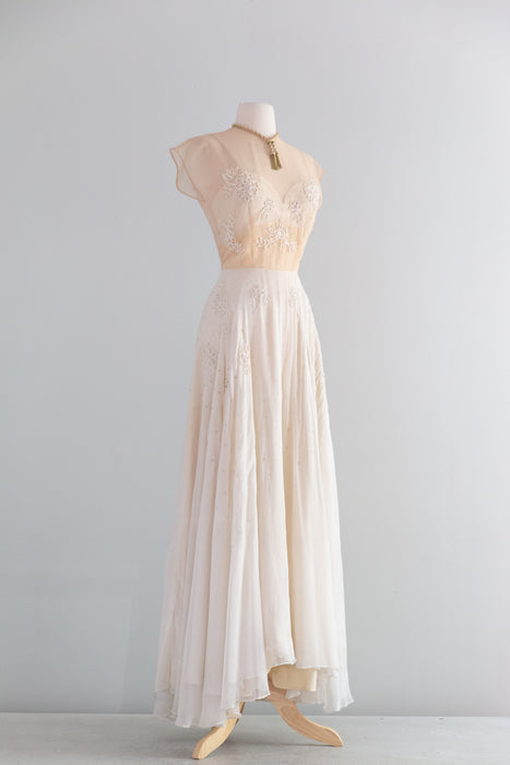 Gorgeous 1940's Martini Designed Ivory Chiffon Evening Gown With Nude Illusion Bodice / SM