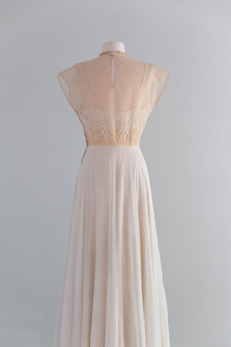 Gorgeous 1940's Martini Designed Ivory Chiffon Evening Gown With Nude Illusion Bodice / SM