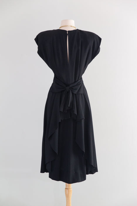 Stunning 1940's Little Black Bow Back Rayon Dress / SM
