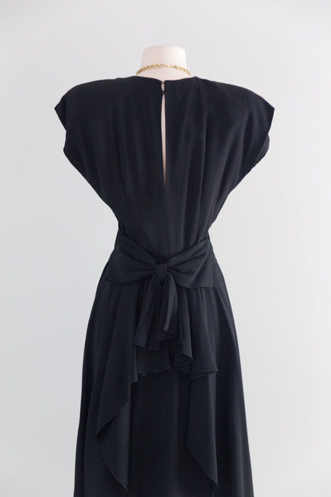 Stunning 1940's Little Black Bow Back Rayon Dress / SM
