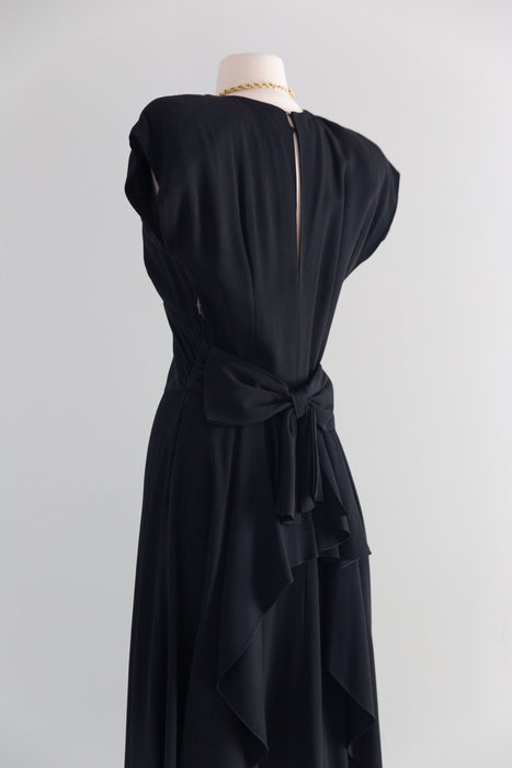 Stunning 1940's Little Black Bow Back Rayon Dress / SM