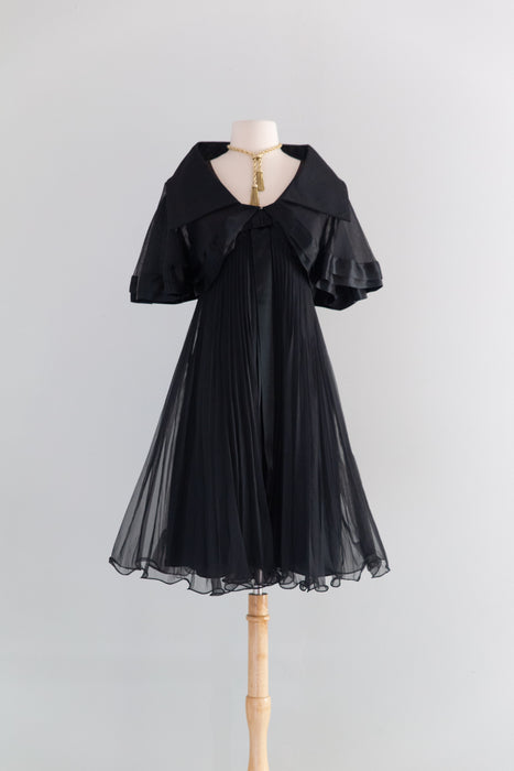 Fabulous 1960's Pleated Black Babydoll Party Dress With Matching Capelet / M