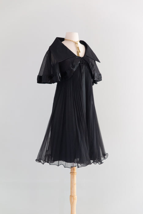 Fabulous 1960's Pleated Black Babydoll Party Dress With Matching Capelet / M