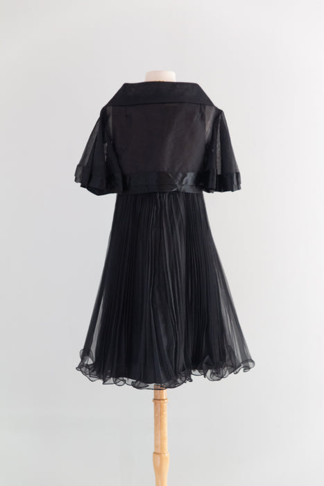 Fabulous 1960's Pleated Black Babydoll Party Dress With Matching Capelet / M