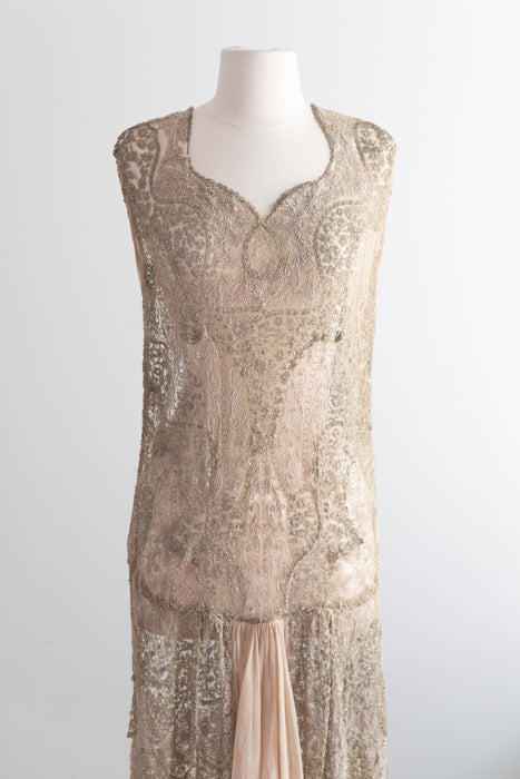 Ghostly 1920's Metallic Embroidered Net Flapper Dress AS-IS / S
