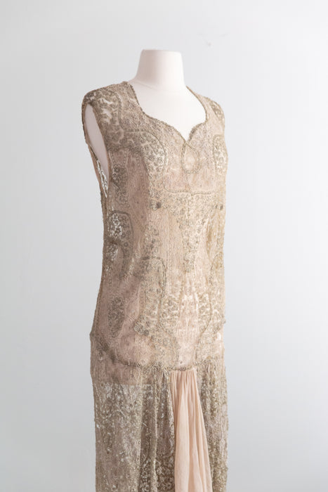 Ghostly 1920's Metallic Embroidered Net Flapper Dress AS-IS / S