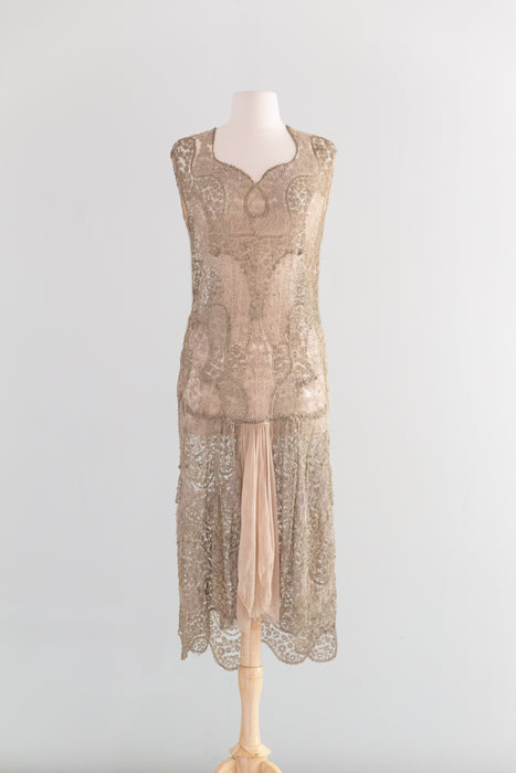 Ghostly 1920's Metallic Embroidered Net Flapper Dress AS-IS / S
