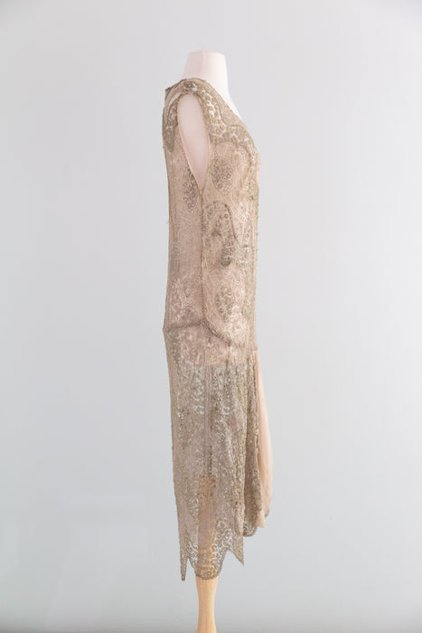Ghostly 1920's Metallic Embroidered Net Flapper Dress AS-IS / S