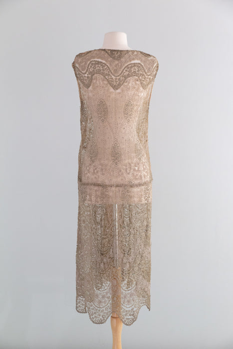 Ghostly 1920's Metallic Embroidered Net Flapper Dress AS-IS / S