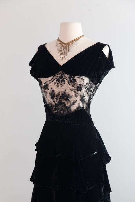 Exquisite 1930's Silk Velvet & Embroidered Net Evening Dress / SM
