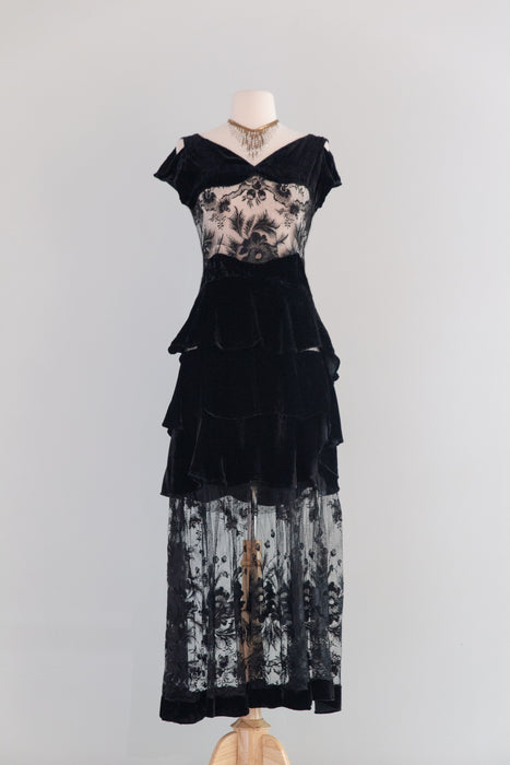 Exquisite 1930's Silk Velvet & Embroidered Net Evening Dress / SM