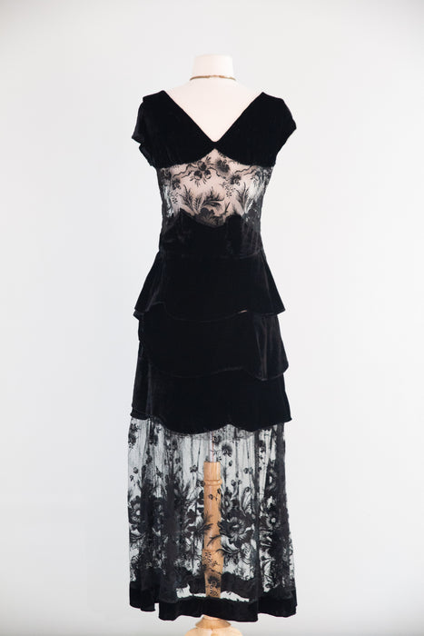 Exquisite 1930's Silk Velvet & Embroidered Net Evening Dress / SM