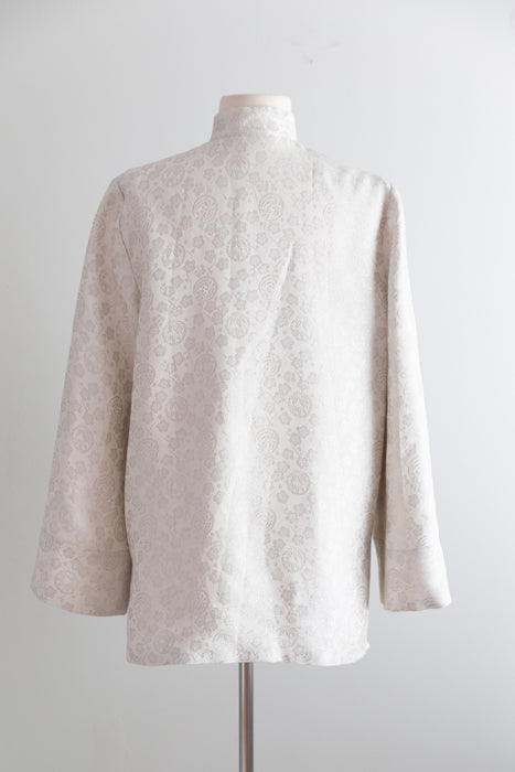 Vintage 1940's Shimmering Silver Brocade Asian Swing Coat / M