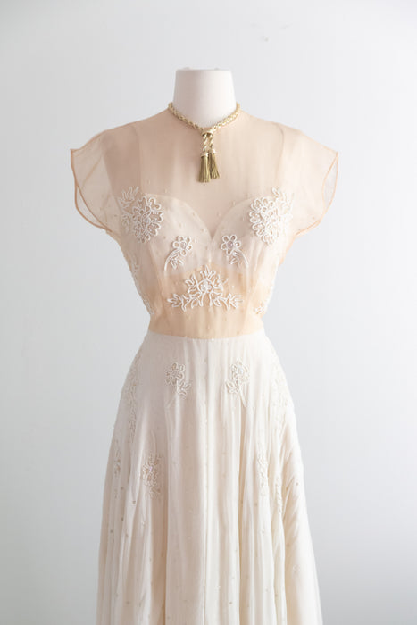 Gorgeous 1940's Martini Designed Ivory Chiffon Evening Gown With Nude Illusion Bodice / SM
