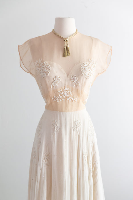 Gorgeous 1940's Martini Designed Ivory Chiffon Evening Gown With Nude Illusion Bodice / SM