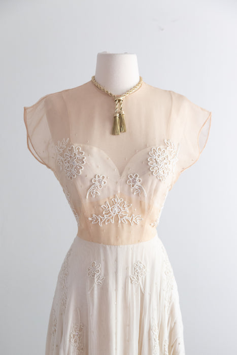 Gorgeous 1940's Martini Designed Ivory Chiffon Evening Gown With Nude Illusion Bodice / SM