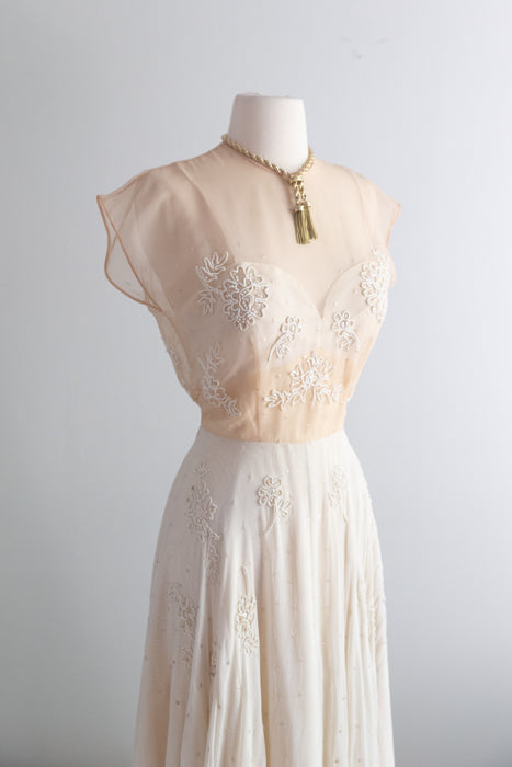 Gorgeous 1940's Martini Designed Ivory Chiffon Evening Gown With Nude Illusion Bodice / SM