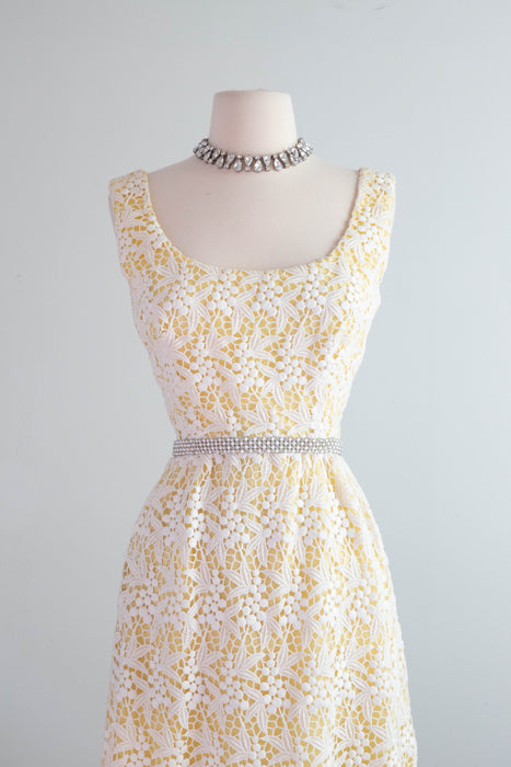 Elegant 1960's Lemon Meringue Floral Lace Evening Gown By Cameo / Smal Xtabay Vintage Elegant 1960's Lemon Meringue Floral Lace Evening Gown By Cameo / Smal Xtabay Vintage