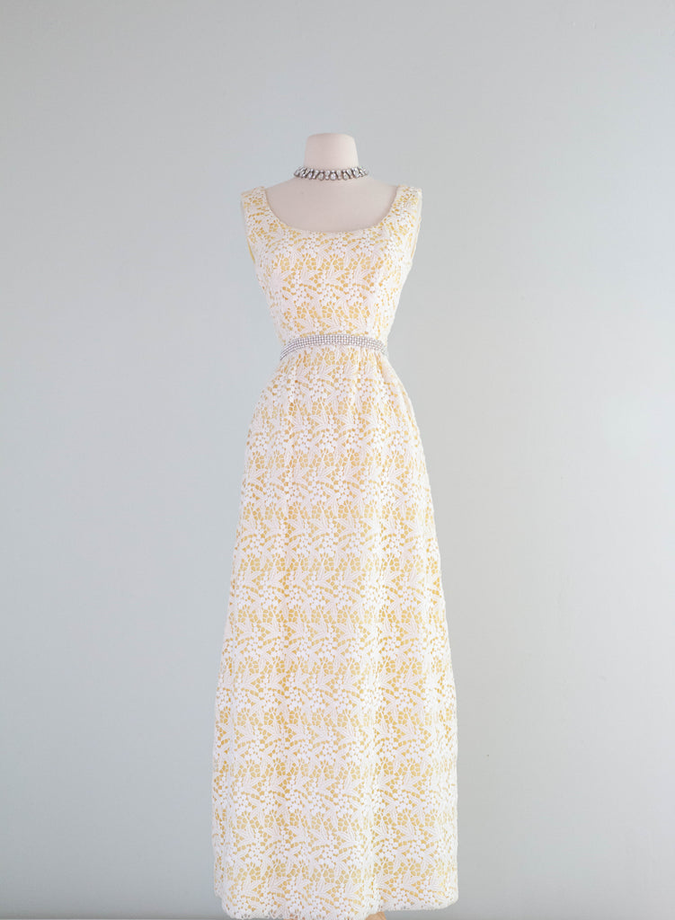 Elegant 1960's Lemon Meringue Floral Lace Evening Gown By Cameo / Smal Xtabay Vintage Elegant 1960's Lemon Meringue Floral Lace Evening Gown By Cameo / Smal Xtabay Vintage