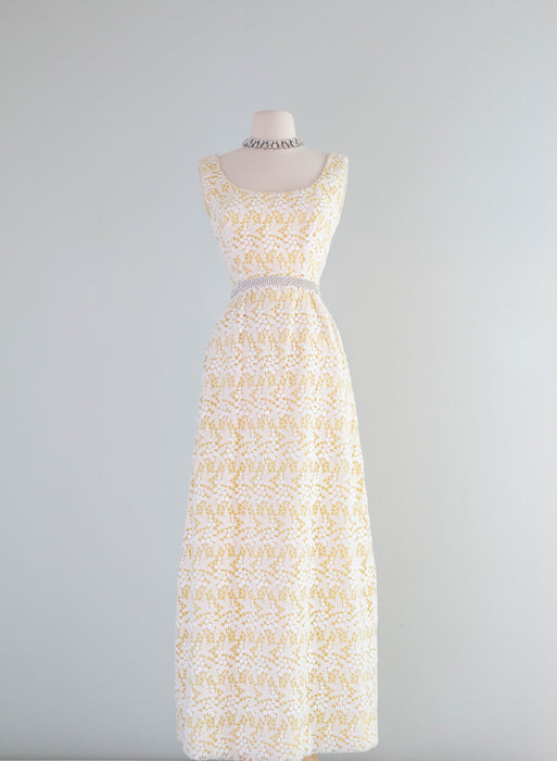 Elegant 1960's Lemon Meringue Floral Lace Evening Gown By Cameo / Smal Xtabay Vintage Elegant 1960's Lemon Meringue Floral Lace Evening Gown By Cameo / Smal Xtabay Vintage