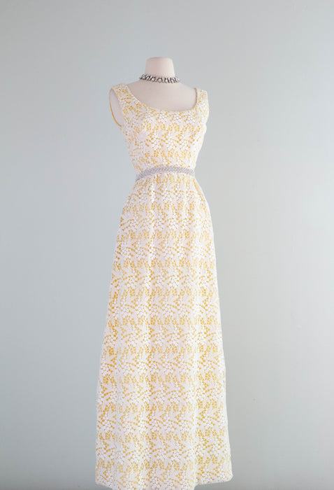 Elegant 1960's Lemon Meringue Floral Lace Evening Gown By Cameo / Smal Xtabay Vintage Elegant 1960's Lemon Meringue Floral Lace Evening Gown By Cameo / Smal Xtabay Vintage