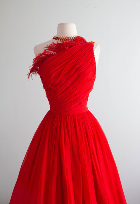 Fabulous 1950's Emma Domb Cherry Bomb Red Chiffon Party Dress / Small