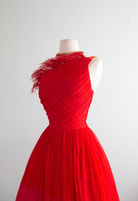 Fabulous 1950's Emma Domb Cherry Bomb Red Chiffon Party Dress / Small