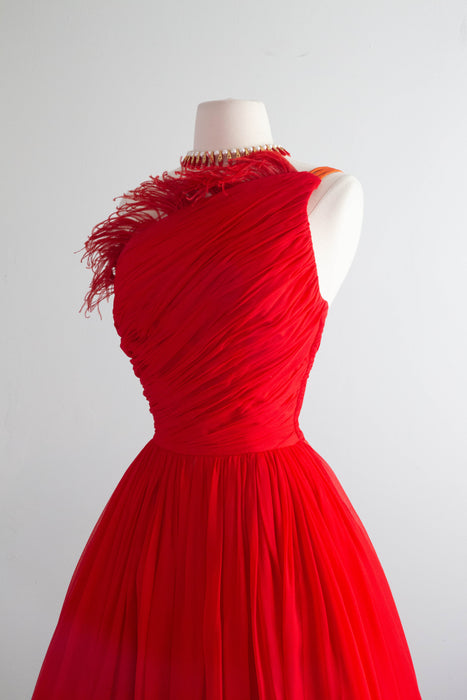 Fabulous 1950's Emma Domb Cherry Bomb Red Chiffon Party Dress / Small