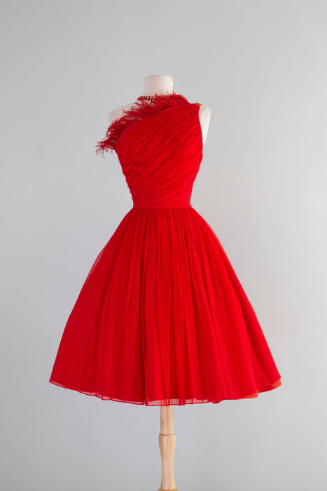 Fabulous 1950's Emma Domb Cherry Bomb Red Chiffon Party Dress / Small