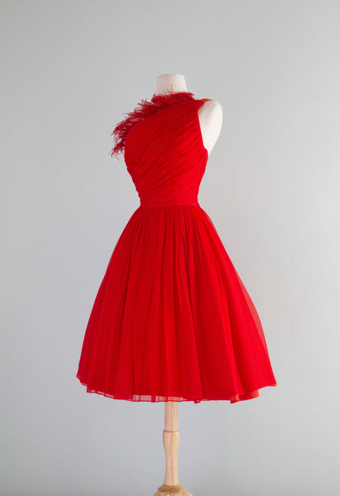 Fabulous 1950's Emma Domb Cherry Bomb Red Chiffon Party Dress / Small