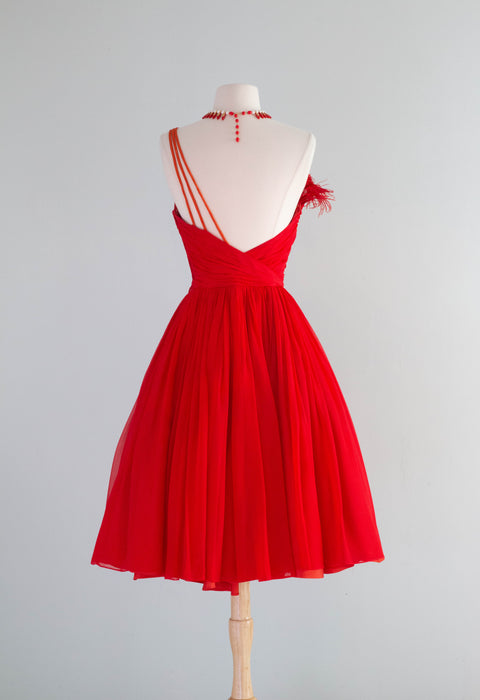 Fabulous 1950's Emma Domb Cherry Bomb Red Chiffon Party Dress / Small