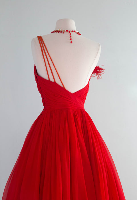 Fabulous 1950's Emma Domb Cherry Bomb Red Chiffon Party Dress / Small