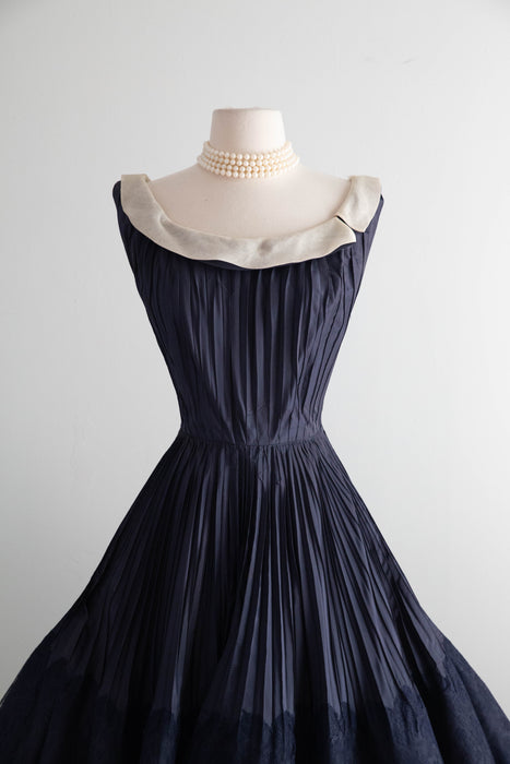 Elegant 1950's Navy Blue Silk Demi-Couture Pleated Evening Dress / S