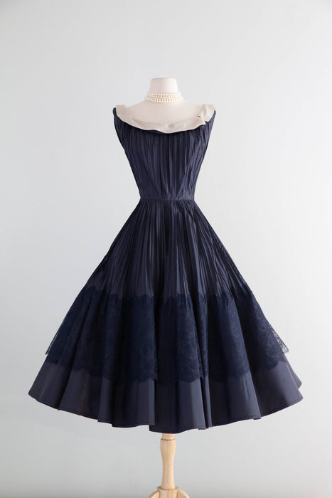 Elegant 1950's Navy Blue Silk Demi-Couture Pleated Evening Dress / S