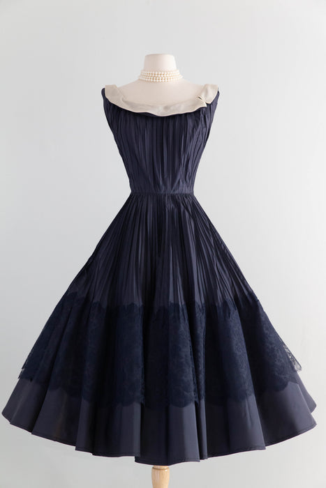 Elegant 1950's Navy Blue Silk Demi-Couture Pleated Evening Dress / S