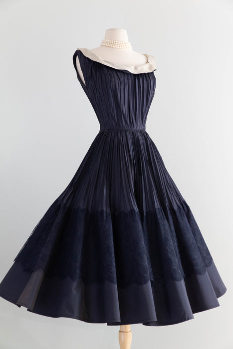 Elegant 1950's Navy Blue Silk Demi-Couture Pleated Evening Dress / S