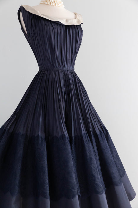 Elegant 1950's Navy Blue Silk Demi-Couture Pleated Evening Dress / S