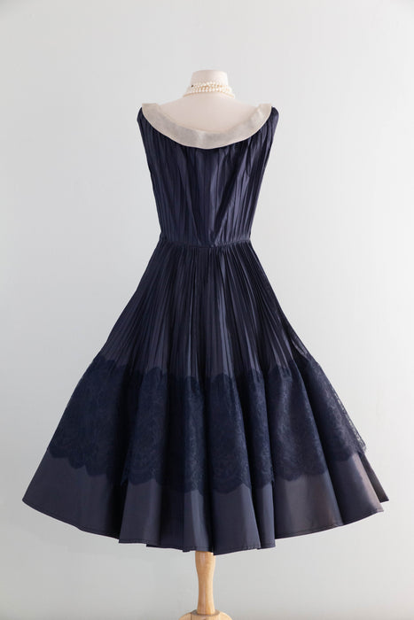 Elegant 1950's Navy Blue Silk Demi-Couture Pleated Evening Dress / S