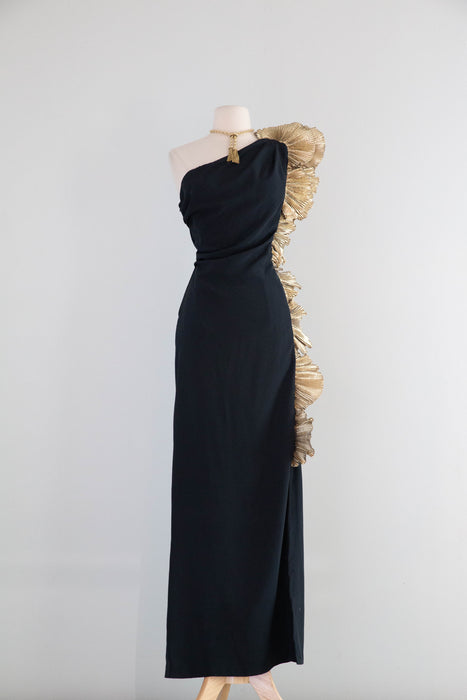 Vintage 1980s Claralura Sculptural Black & Gold Evening Gown / Medium