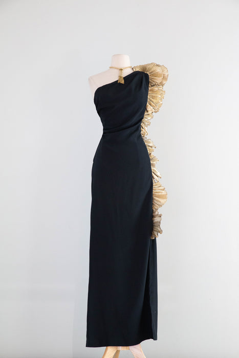 Vintage 1980s Claralura Sculptural Black & Gold Evening Gown / Medium