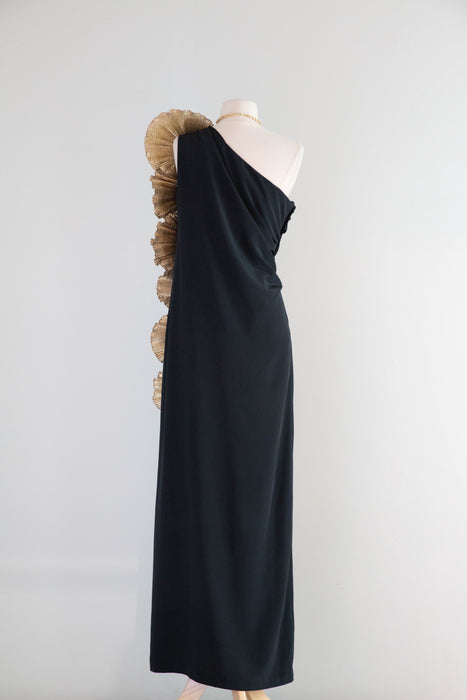 Vintage 1980s Claralura Sculptural Black & Gold Evening Gown / Medium