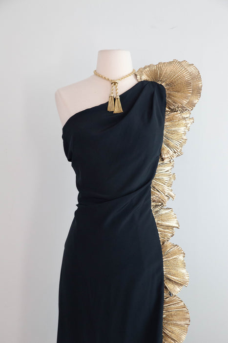 Vintage 1980s Claralura Sculptural Black & Gold Evening Gown / Medium