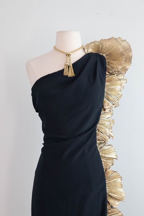 Vintage 1980s Claralura Sculptural Black & Gold Evening Gown / Medium
