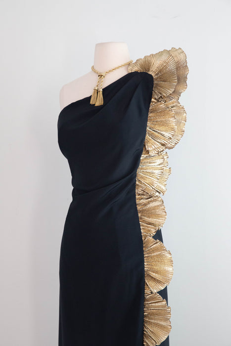 Vintage 1980s Claralura Sculptural Black & Gold Evening Gown / Medium