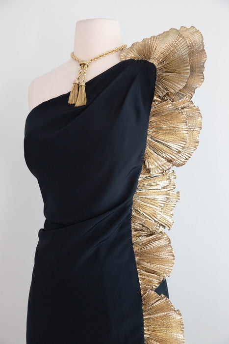 Vintage 1980s Claralura Sculptural Black & Gold Evening Gown / Medium