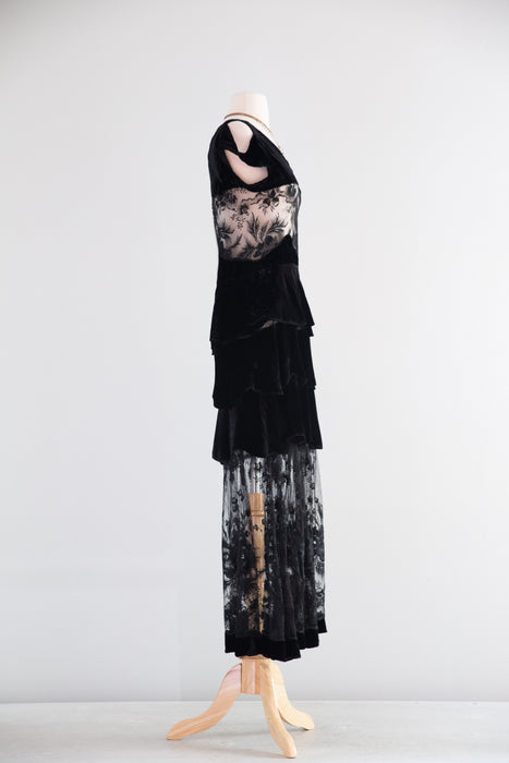 Exquisite 1930's Silk Velvet & Embroidered Net Evening Dress / SM
