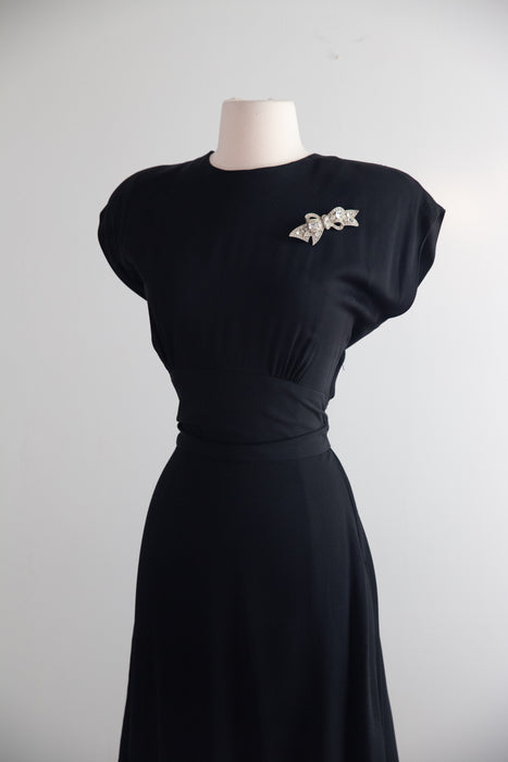 Stunning 1940's Little Black Bow Back Rayon Dress / SM