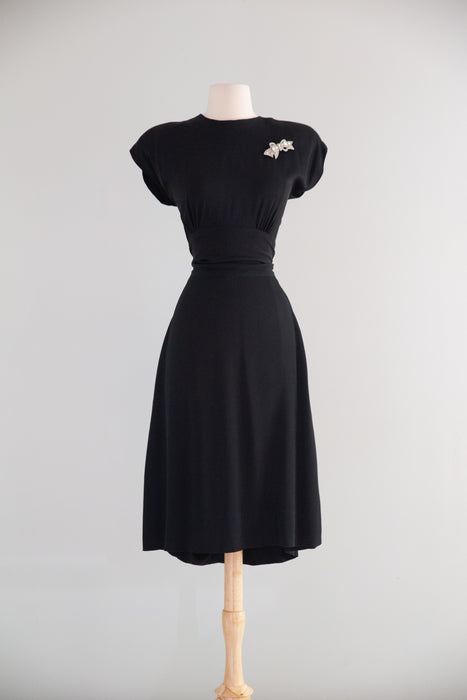 Stunning 1940's Little Black Bow Back Rayon Dress / SM