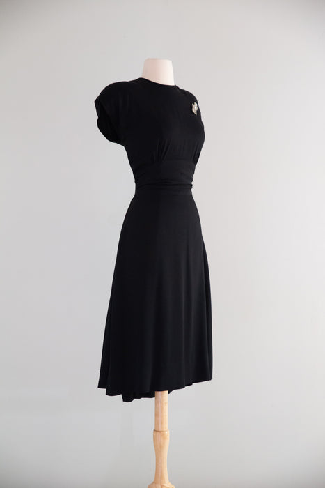 Stunning 1940's Little Black Bow Back Rayon Dress / SM