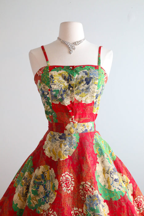 Spectacular 1950's Japanese Novelty Print Circle Skirt and Top Set / Small